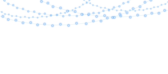 Blue glowing Christmas string lights overlay featuring soft festive bulbs, shimmering sparkles, and delicate illumination ideal for holiday cards, winter designs, and atmospheric transparent graphic 