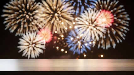 Festive fireworks display over wooden surface for celebratory events