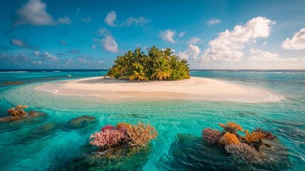 Idyllic tropical paradise island with white sand beach, lush palm trees, and vibrant coral reef visible in crystal clear turquoise ocean water under blue sky