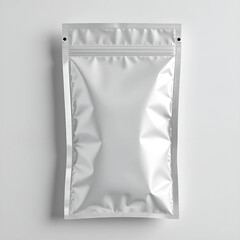 Minimal white sealed foil pouch mockup isolated on bright white background.