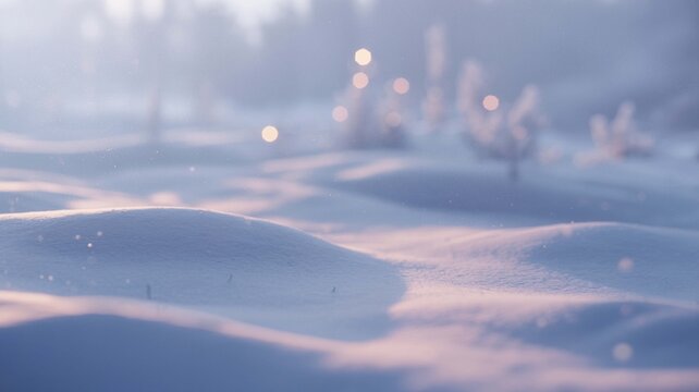 Soft focus winter landscape with gentle snow drifts in the foreground and bokeh lights illuminating frosted evergreen trees in the hazy background at sunrise or sunset - Powered by Adobe