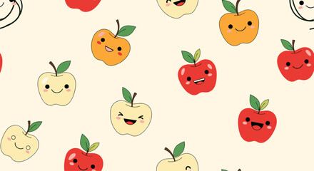 Fototapeta premium Seamless pattern with cute red and yellow kawaii apples with smiling faces and green leaves on a soft pastel background for kids' decor.