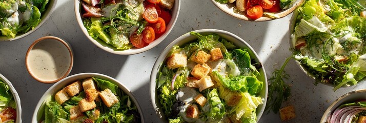 Tasty fresh salads in bowls