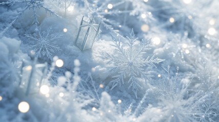 Closeup of delicate, intricate ice crystals and snowflakes resting on a soft blanket of white snow with beautiful, bright bokeh light effects creating a magical winter atmosphere