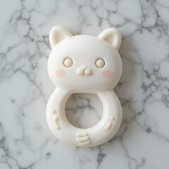 Soft silicone teething toy in a cute playful shape, isolated on bright white background.