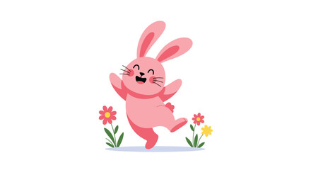 Fototapeta premium Joyful pink cartoon rabbit jumping and dancing happily among colorful flowers, illustrated in a cute and simple flat style on a white background.