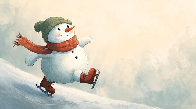 Funny illustration of snowman on ice skates, trying to keep its balance. A humorous and friendly winter scene with soft colors and festive charm, ideal for holiday cards and children’s designs.