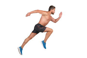 Jogger run at sport training isolated on white. Morning sport workout runner running. Sportsman man running. Running man with muscular torso. Runner at long sport run, endurance