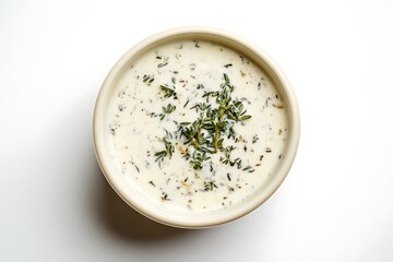 Creamy ranch dressing bowl filled with herbs and visible garlic, top view on a plain white background, studio lighting for a clean, crisp look.