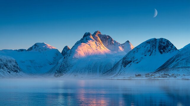 Majestic snowcovered mountain range illuminated by the soft glow of sunrise or sunset reflected over a calm, icy fjord under a clear blue sky with a crescent moon visible