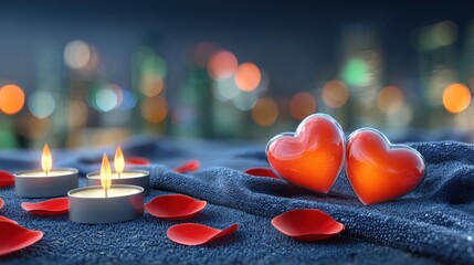 Romantic evening setup with candles and heart decor cityscape background close-up view intimate atmosphere for special occasions