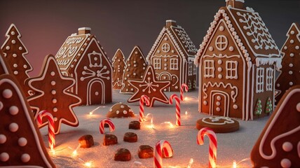 Obraz premium A magical miniature village scene featuring detailed gingerbread houses, candy canes, and festive string lights creating a warm holiday atmosphere