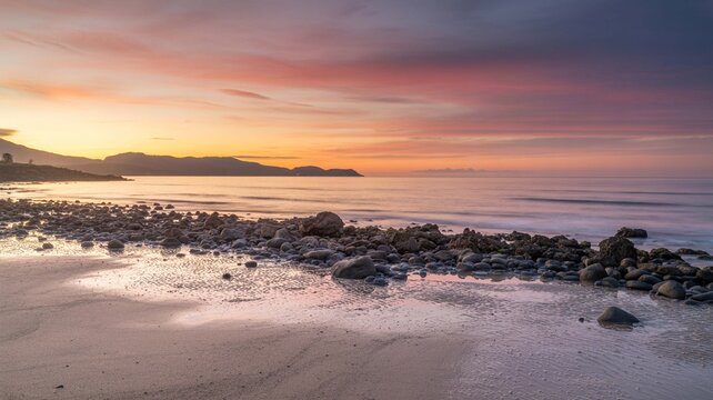 Serene ocean landscape at sunrise with vibrant orange and pink clouds reflecting on the wet sand and rocky shore