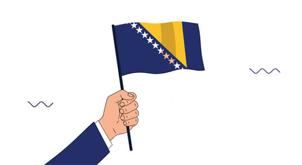 Hand in a business suit holding the national flag of Bosnia and Herzegovina, waving in a simple illustrated style design.