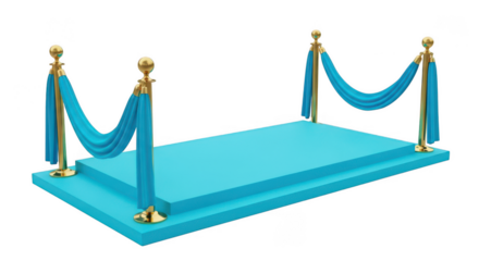 Blue carpet podium with decorative stanchions and draped ropes on transparent background
