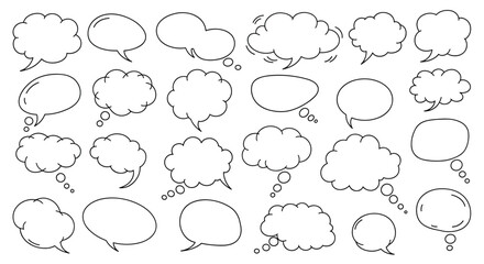 Fototapeta premium Large collection of hand-drawn speech and thought bubbles in various shapes, created with a simple black doodle line style.