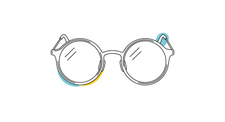 Minimalist line art drawing of round retro-style glasses with colorful abstract shape accents in blue and yellow colors.