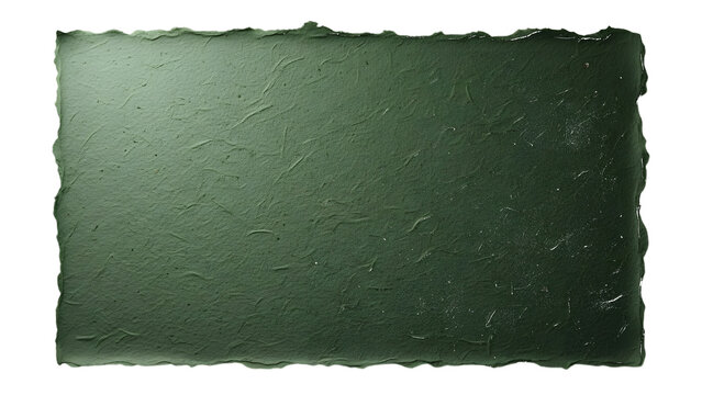 Textured dark green handmade paper with torn deckled edges isolated on a transparent background