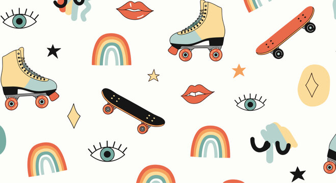 Seamless retro groovy pattern with roller skates, skateboards, rainbows, and other trendy doodles from the 70s and 80s.
