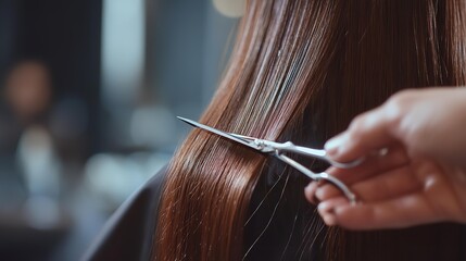 Closeup of a hairdresser's hand with scissors cutting client's hair