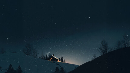 Cozy cabin glowing on snowy hill under starry night sky with soft glow and gentle snowfall