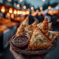 Golden Brown Fried Samosas with Spicy Sauce High Resolution Picture