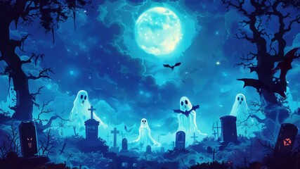 Video A group of ghosts in a spooky graveyard scene under a full moon - Powered by Adobe