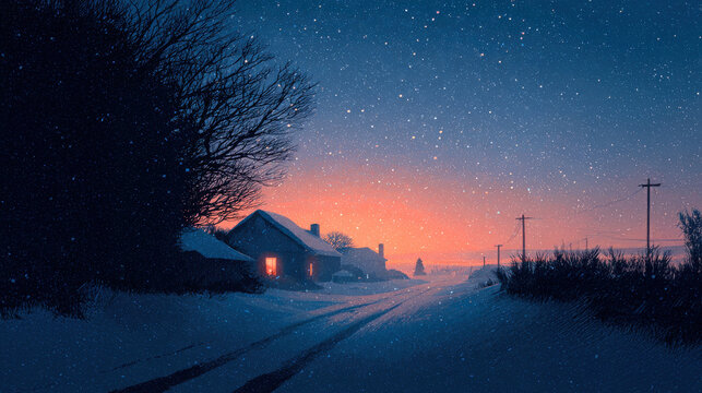 Snowy rural night house glow warm window silent road under starry sky emotional twilight - Powered by Adobe