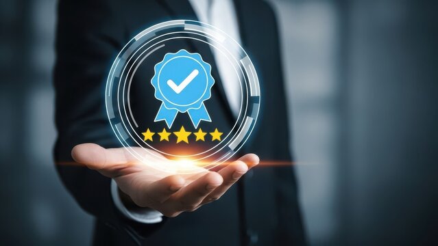 Businessman holding a glowing digital award medal with a checkmark and five stars symbolizing excellent quality and customer satisfaction