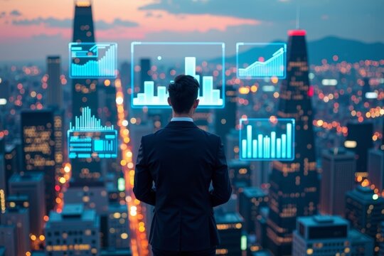 Drone Captures Businessman in Sharp Suit on Rooftop Overlooking Cityscape with Holographic Data Displays - Powered by Adobe