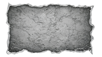 Rough textured grey stone surface with torn paper edges isolated on a transparent background