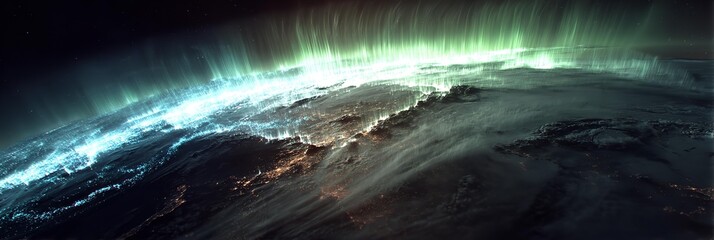 A planet with a blue and green glow surrounding it. The planet is lit up with a blue and green light