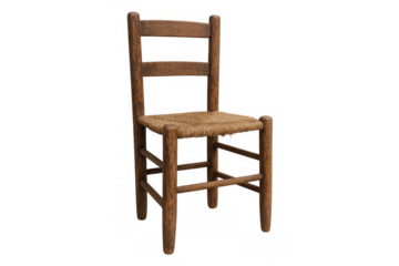 Rustic wooden chair with woven rush seat, handcrafted furniture for vintage interior design, isolated on transparent background