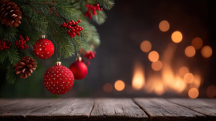 Red ornament red bauble pine branch pine cone holiday decoration festive fireplace glow wooden table bokeh lights red berry