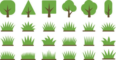 Stylized tree and grass illustration set with varied shapes and foliage textures for landscape design, education, and nature themes.