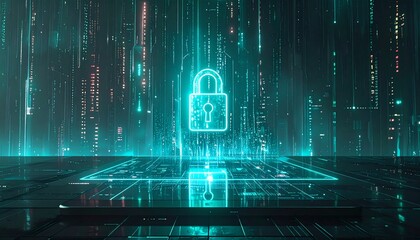 Futuristic digital lock surrounded by glowing data streams in a tech-inspired environment