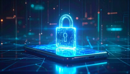 Digital padlock shines on smartphone screen, symbolizing cybersecurity and data protection in a futuristic setting
