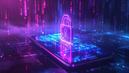 Digital security lock on a smartphone with glowing data streams at night