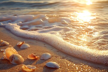 Golden hour at the beach with seashells high resolution picture