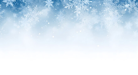 Fototapeta premium Icy blue winter background with heavy frosted border of large snowflakes and white mist suitable for seasonal message space