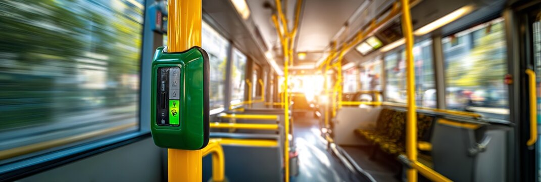 Interior of the public bus in motion and with bright sunshine