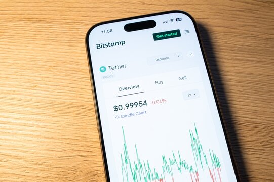 Price chart of Tether USDT crypto currency on LCD screen at Bitstamp crypto exchange