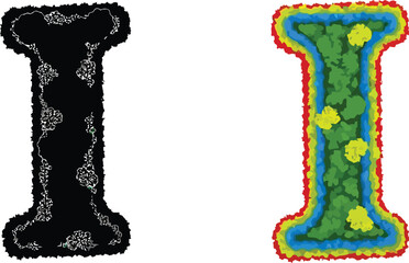 Stylized letter i depictions with contrasting textures and vibrant color schemes