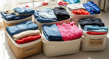 Donation clothes with folded textiles in containers, prepared for sorting and reuse. Donation clothes represent sustainable living. Fabric donation, organized for effective upcycling and repurposing.