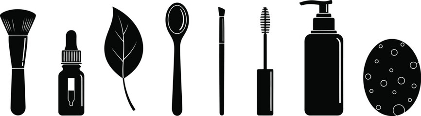 Black silhouette icons representing cosmetics skincare and beauty products in a row