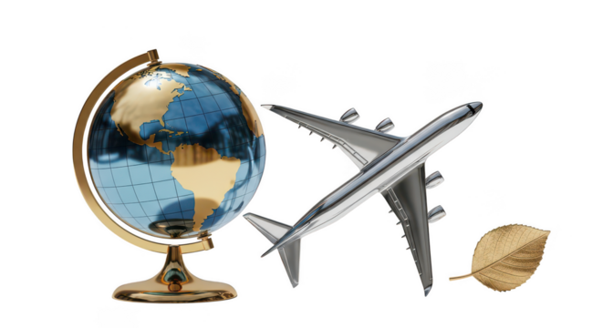 Globe, airplane and leaf symbolizing global travel and eco tourism on transparent background
