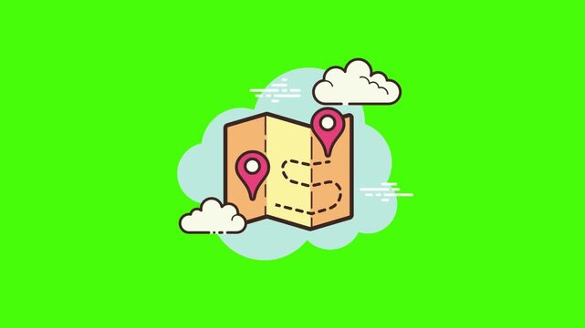 Animated travel map with pins unfolding on green screen, perfect for adventure promos and location reveals, promising exciting journeys and unforgettable destinations