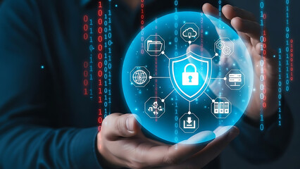 Cybersecurity concept showing a digital sphere with a shield lock icon, symbolizing data protection for cloud computing and network infrastructure