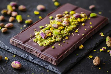 Dark chocolate bar topped with golden-green kadayif and creamy pistachio spread, sprinkled with whole pistachios for dessert artistry.