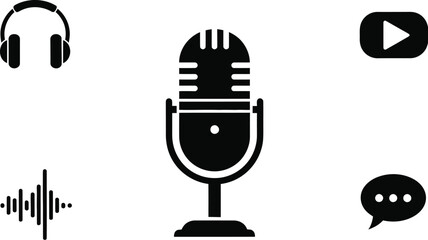 Podcast and audio recording icons headphones microphone waveform and chat bubble